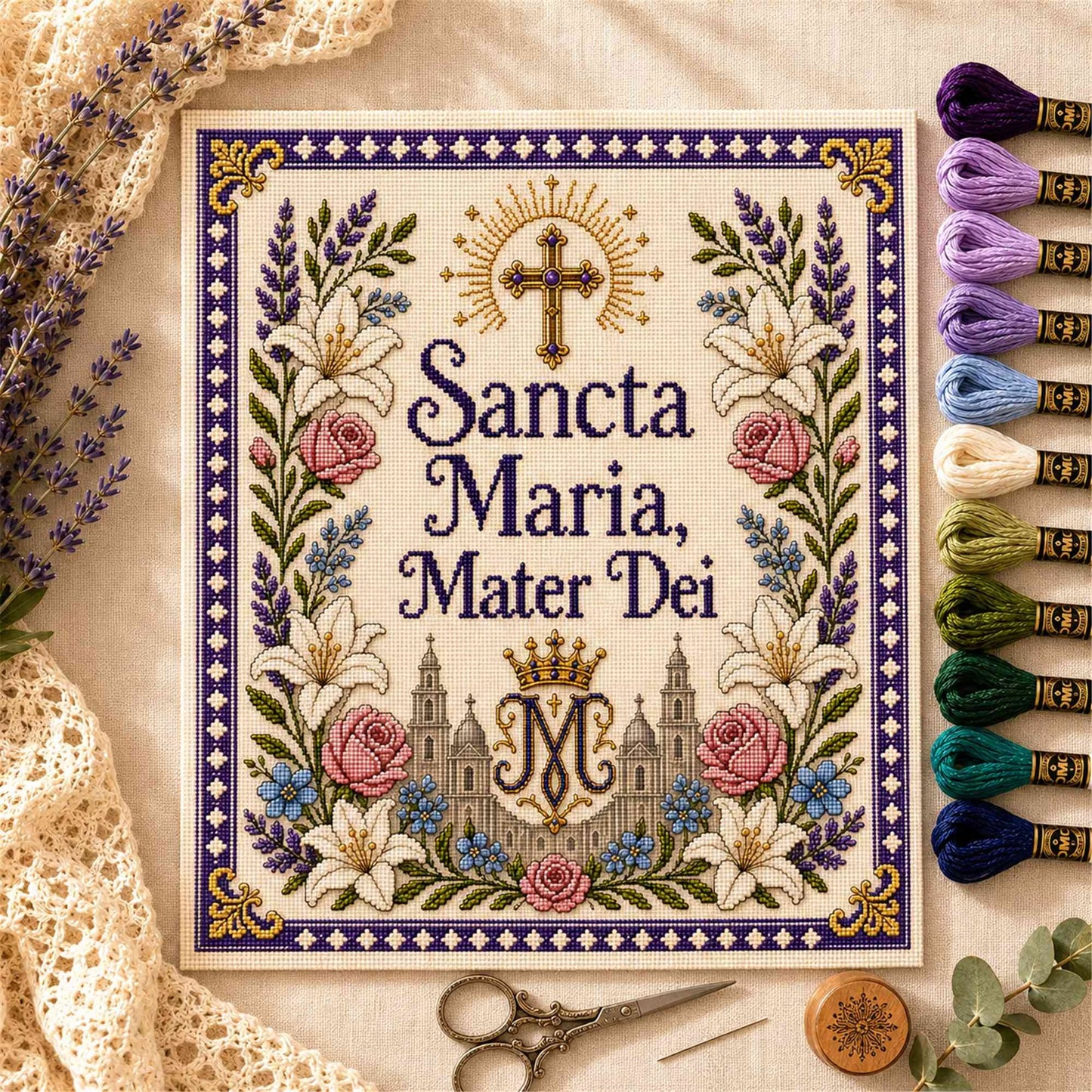 Catholic Religious DIY Cross Stitch Embroidery Kit Vintage Floral Faith