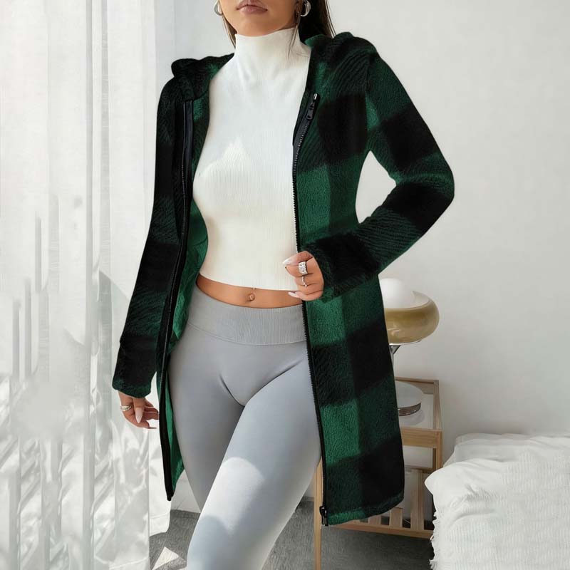 🍂 Classic Plaid, Cozy Long-Line Coverage | Women's Zip-Up Hooded Jacket