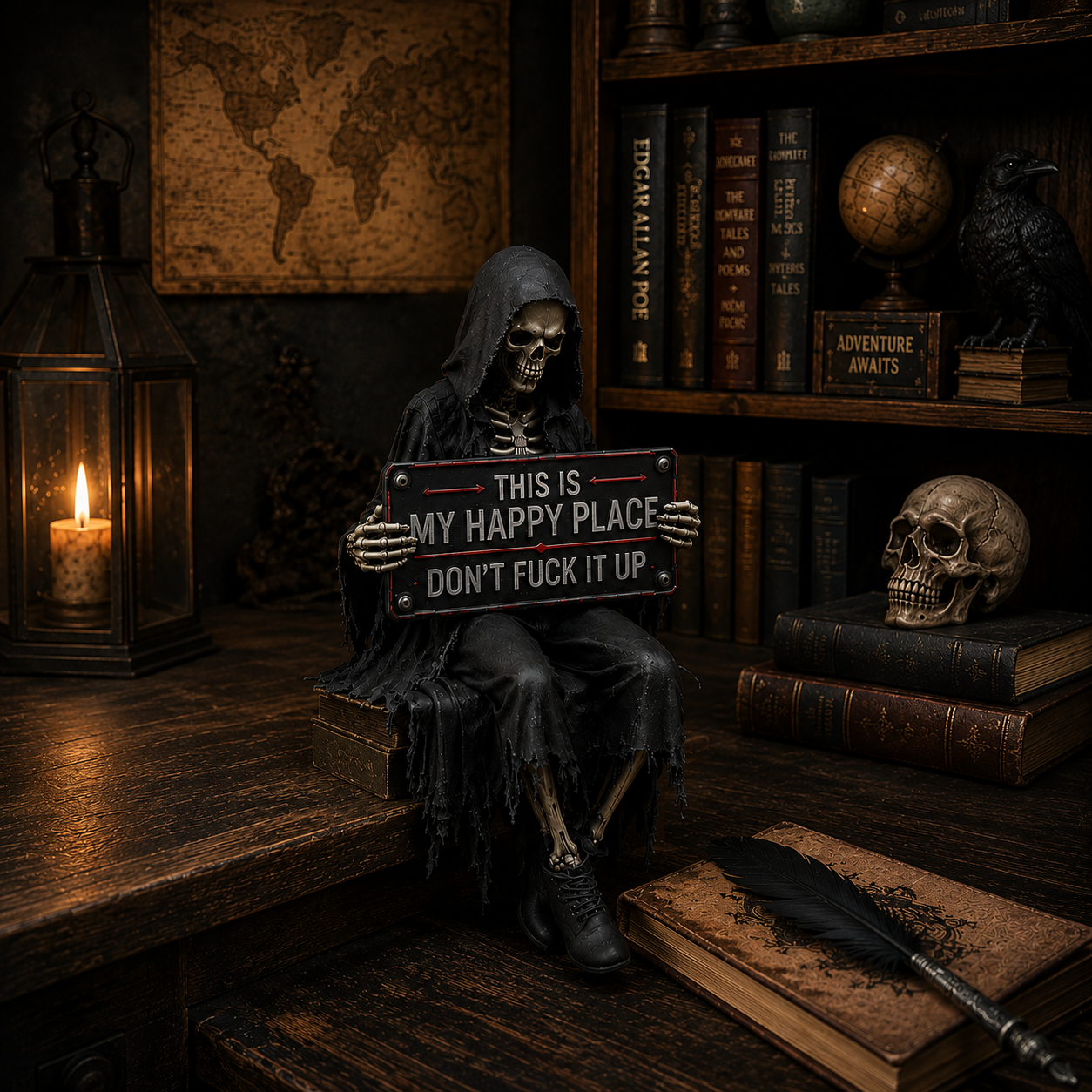 “This Is My Happy Place” Skeleton Bookshelf Decor