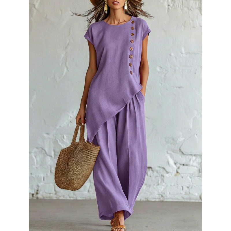 Women's Asymmetric Hem Top&Pants 2-Piece Set