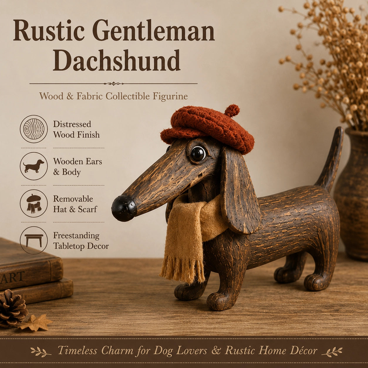 Rustic Gentleman Dachshund Wooden Figurine