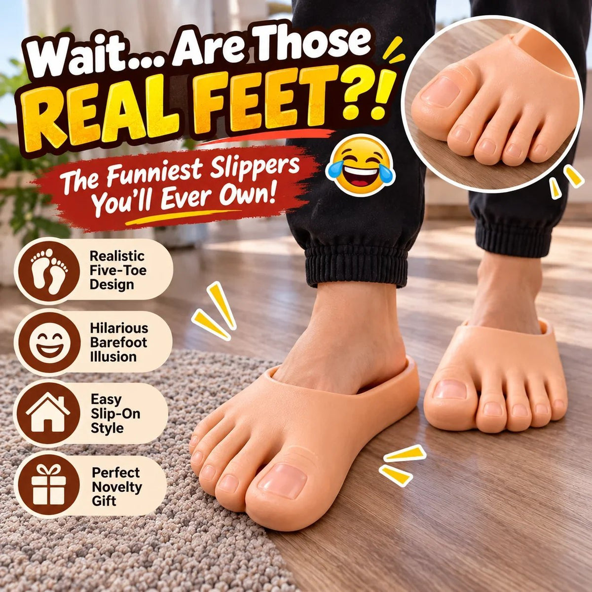 π Realistic Barefoot Slippers β Funny Giant Toe Slides, Hilarious Prank Gift π£