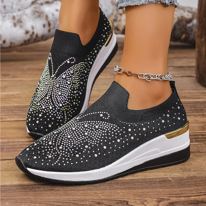 Women's slip-on sneakers with rhinestones and butterfly motif