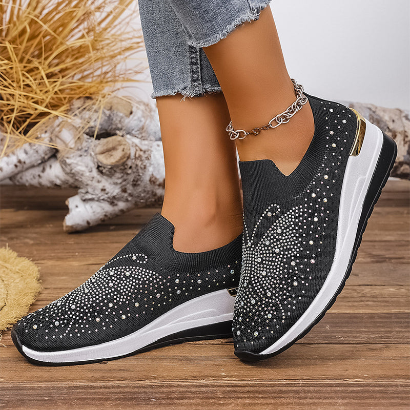 Women's slip-on sneakers with rhinestones and butterfly motif