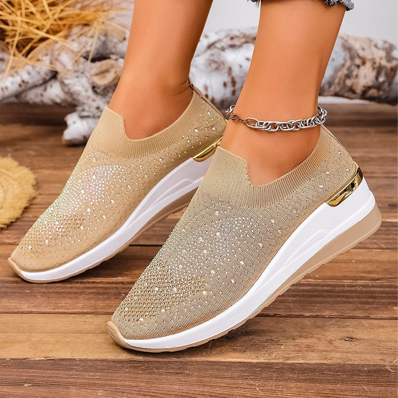 Women's slip-on sneakers with rhinestones and butterfly motif