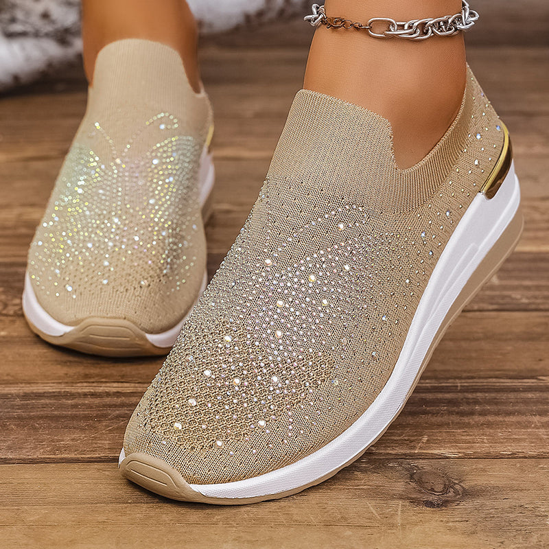 Women's slip-on sneakers with rhinestones and butterfly motif