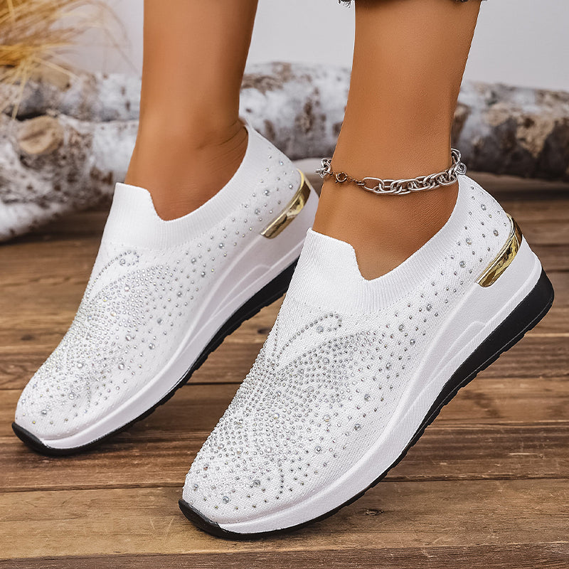 Women's slip-on sneakers with rhinestones and butterfly motif