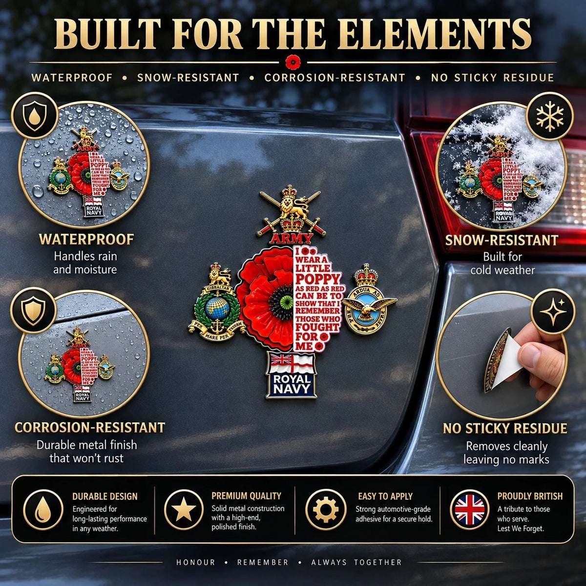 🌺 British Armed Forces “Lest We Forget” Remembrance Poppy Tribute Metal Car Emblem
