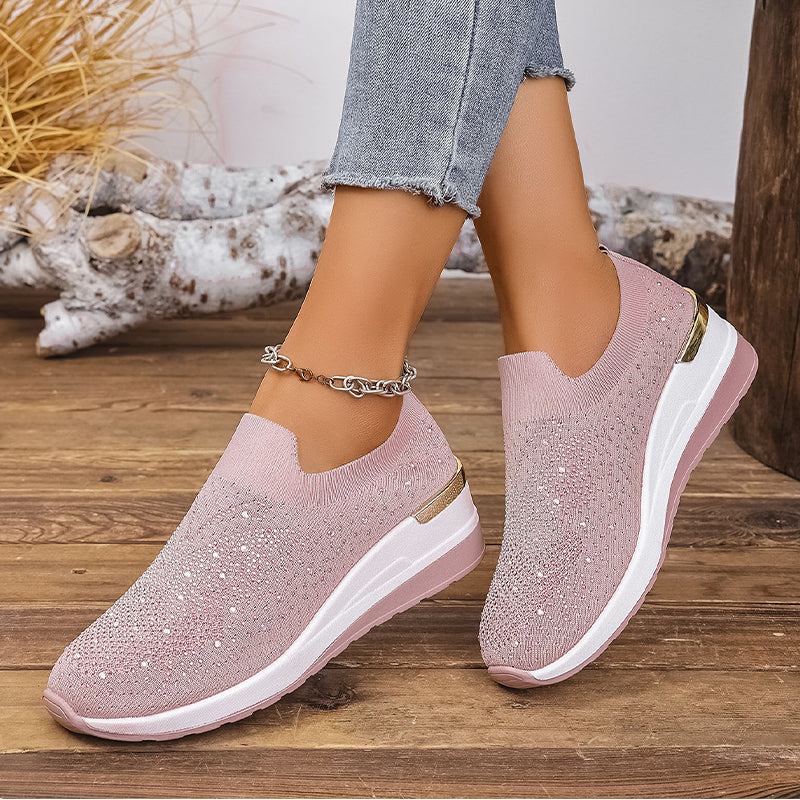 Women's slip-on sneakers with rhinestones and butterfly motif