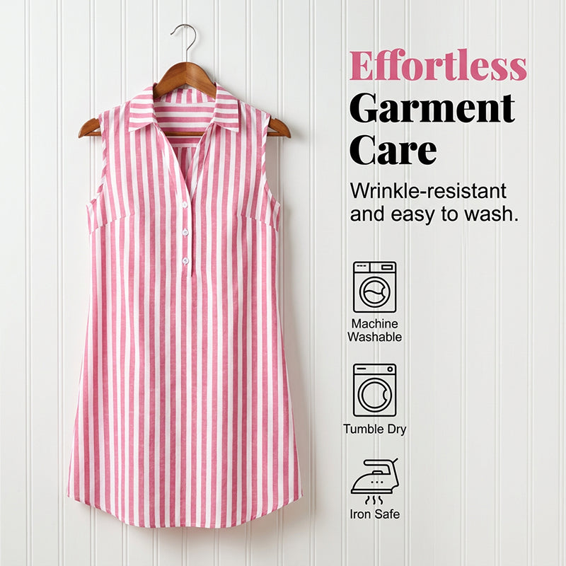 Women Sleeveless Striped Shirt Dress V Neck