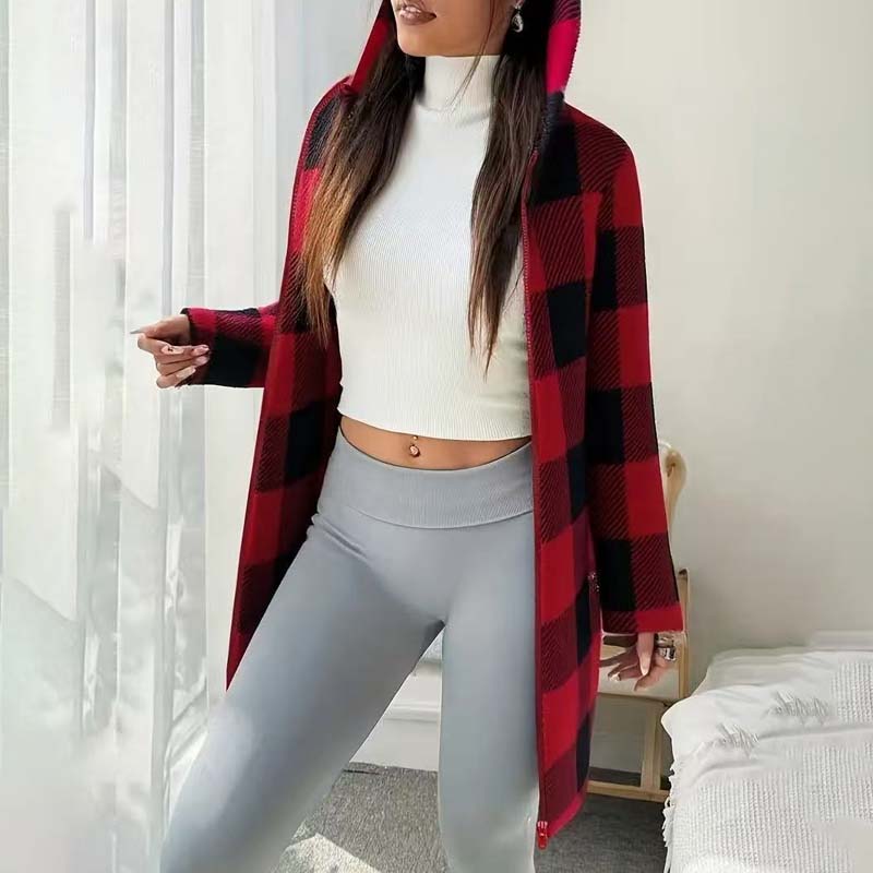 🍂 Classic Plaid, Cozy Long-Line Coverage | Women's Zip-Up Hooded Jacket