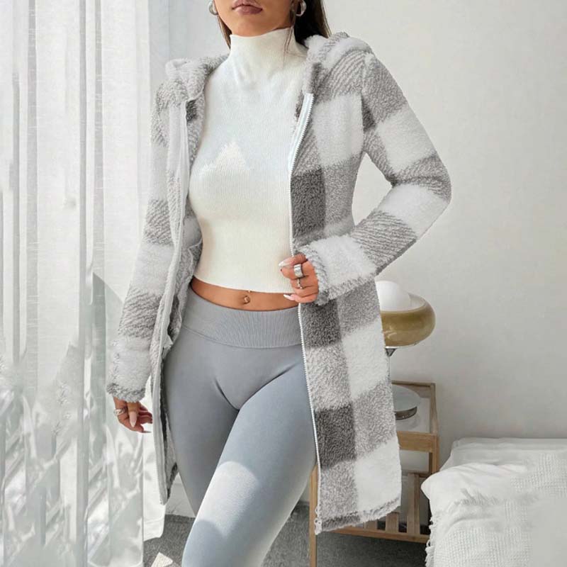 🍂 Classic Plaid, Cozy Long-Line Coverage | Women's Zip-Up Hooded Jacket