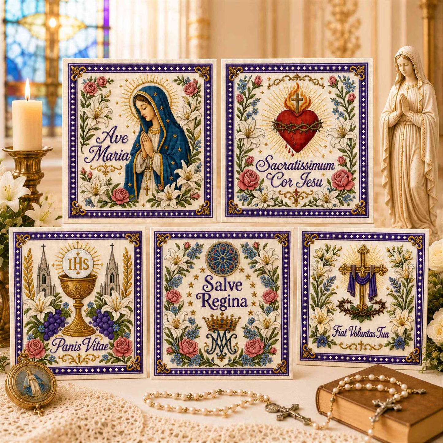 Catholic Religious DIY Cross Stitch Embroidery Kit Vintage Floral Faith