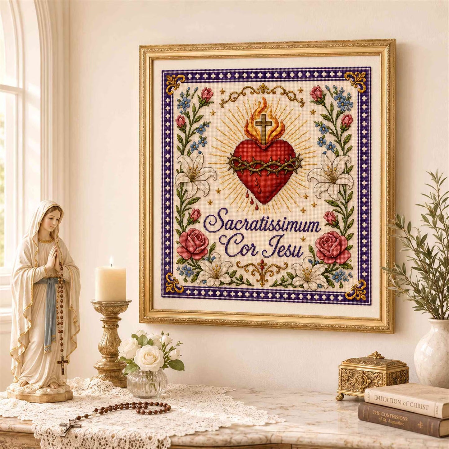 Catholic Religious DIY Cross Stitch Embroidery Kit Vintage Floral Faith