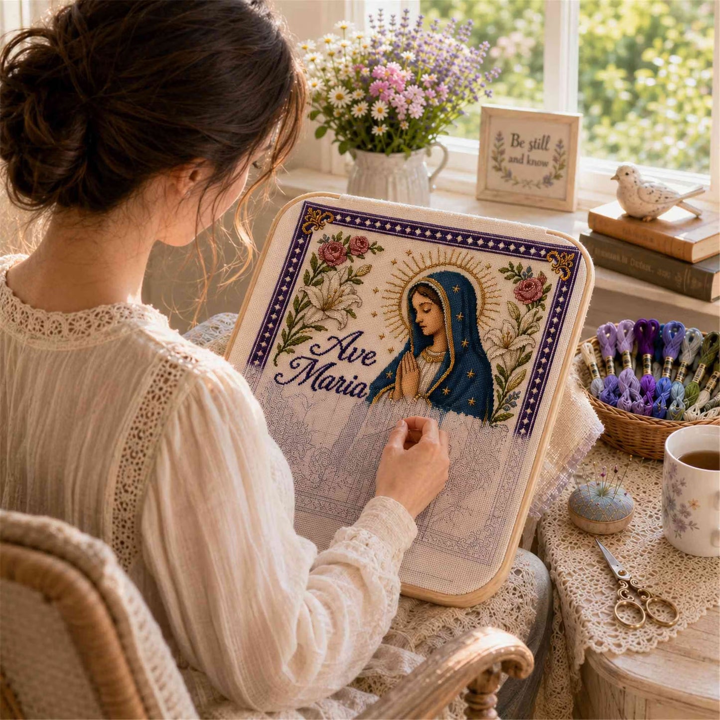 Catholic Religious DIY Cross Stitch Embroidery Kit Vintage Floral Faith
