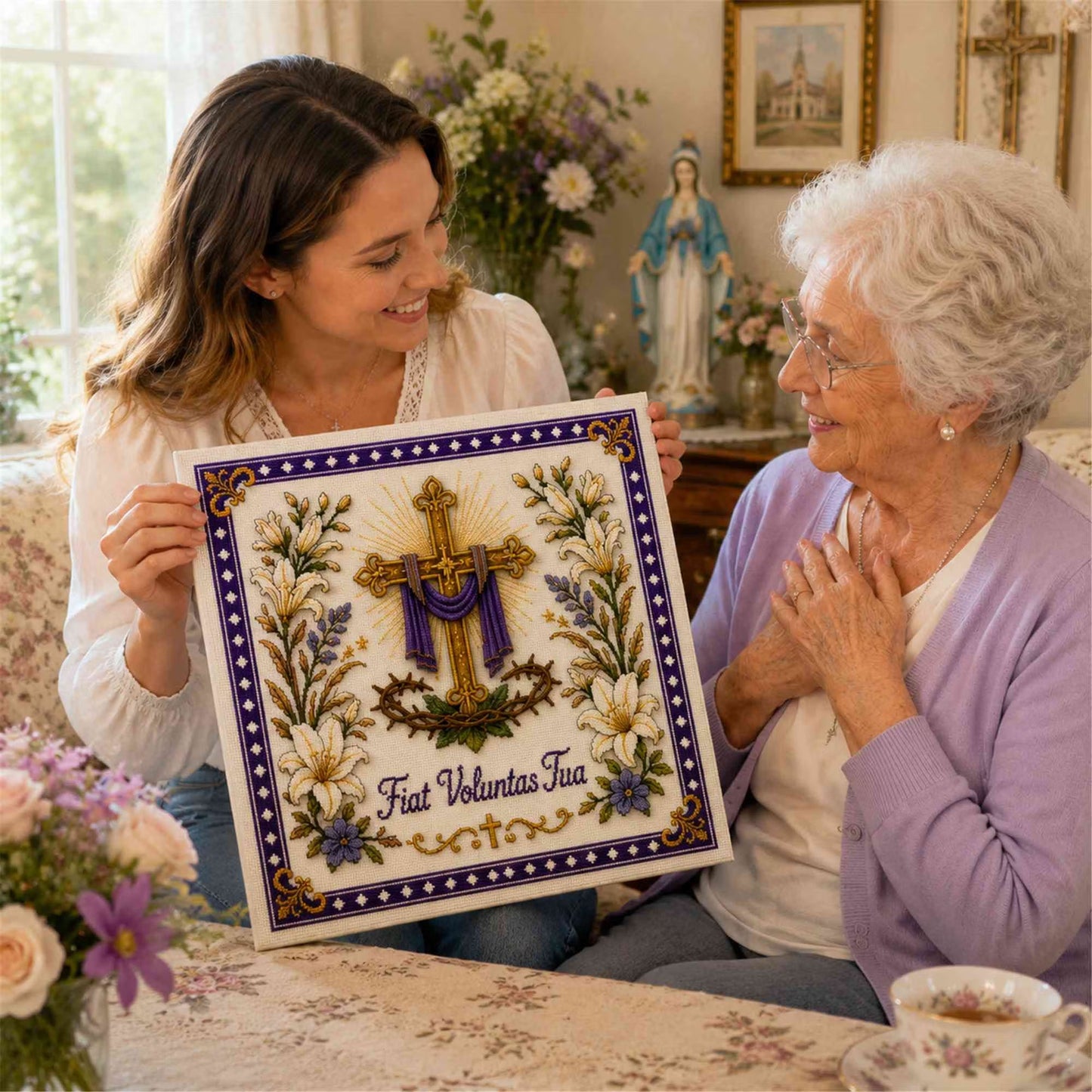 Catholic Religious DIY Cross Stitch Embroidery Kit Vintage Floral Faith