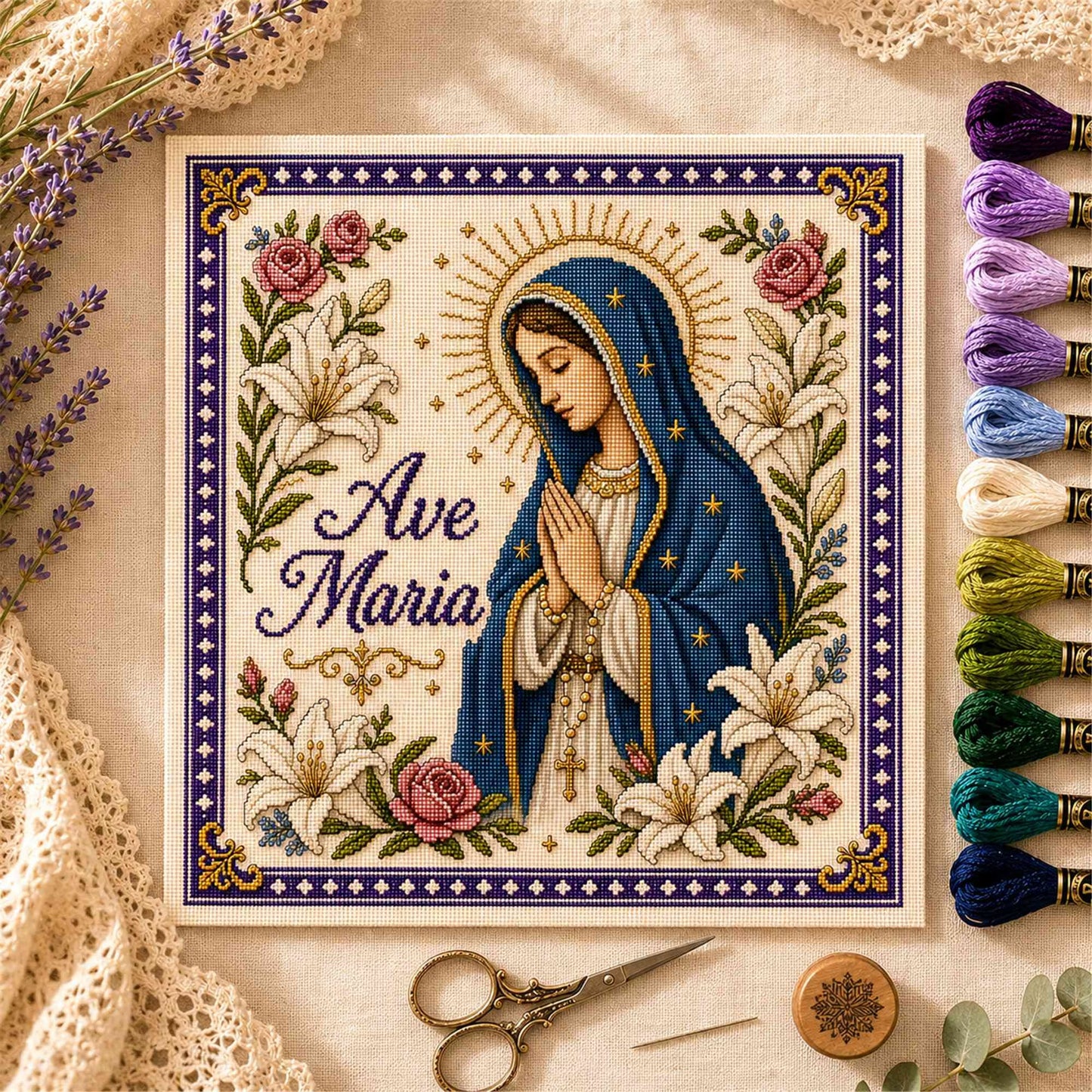 Catholic Religious DIY Cross Stitch Embroidery Kit Vintage Floral Faith