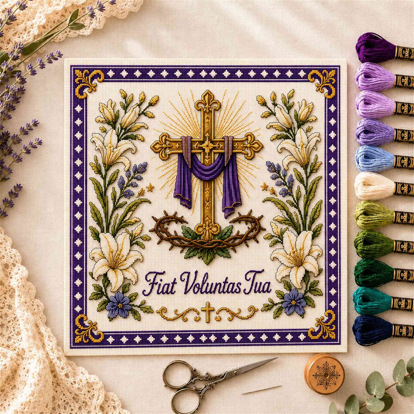 Catholic Religious DIY Cross Stitch Embroidery Kit Vintage Floral Faith