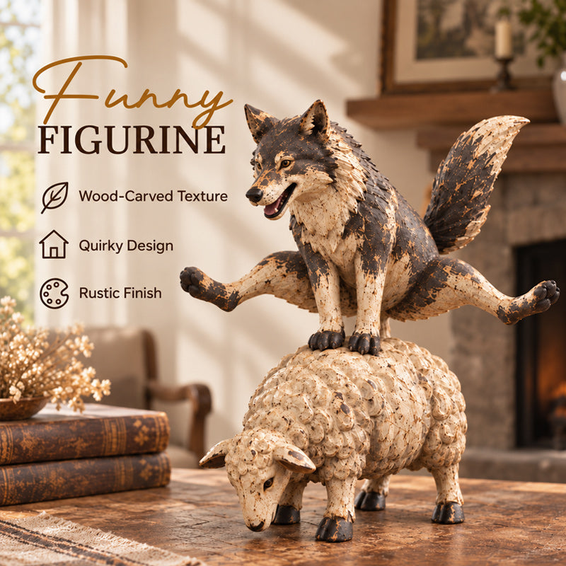 Funny Wolf Riding a Sheep Figurine