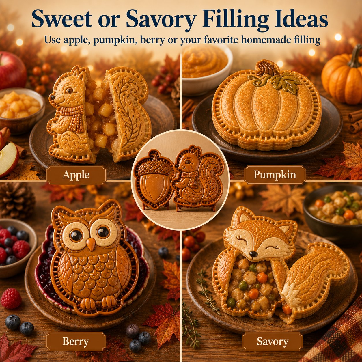 🍂 8-Design Fall Mini Pie Mold Collection | Reusable Embossed Molds for Shaping Detailed Owl, Fox, Turkey, Pumpkin, Acorn & More 🥧✨