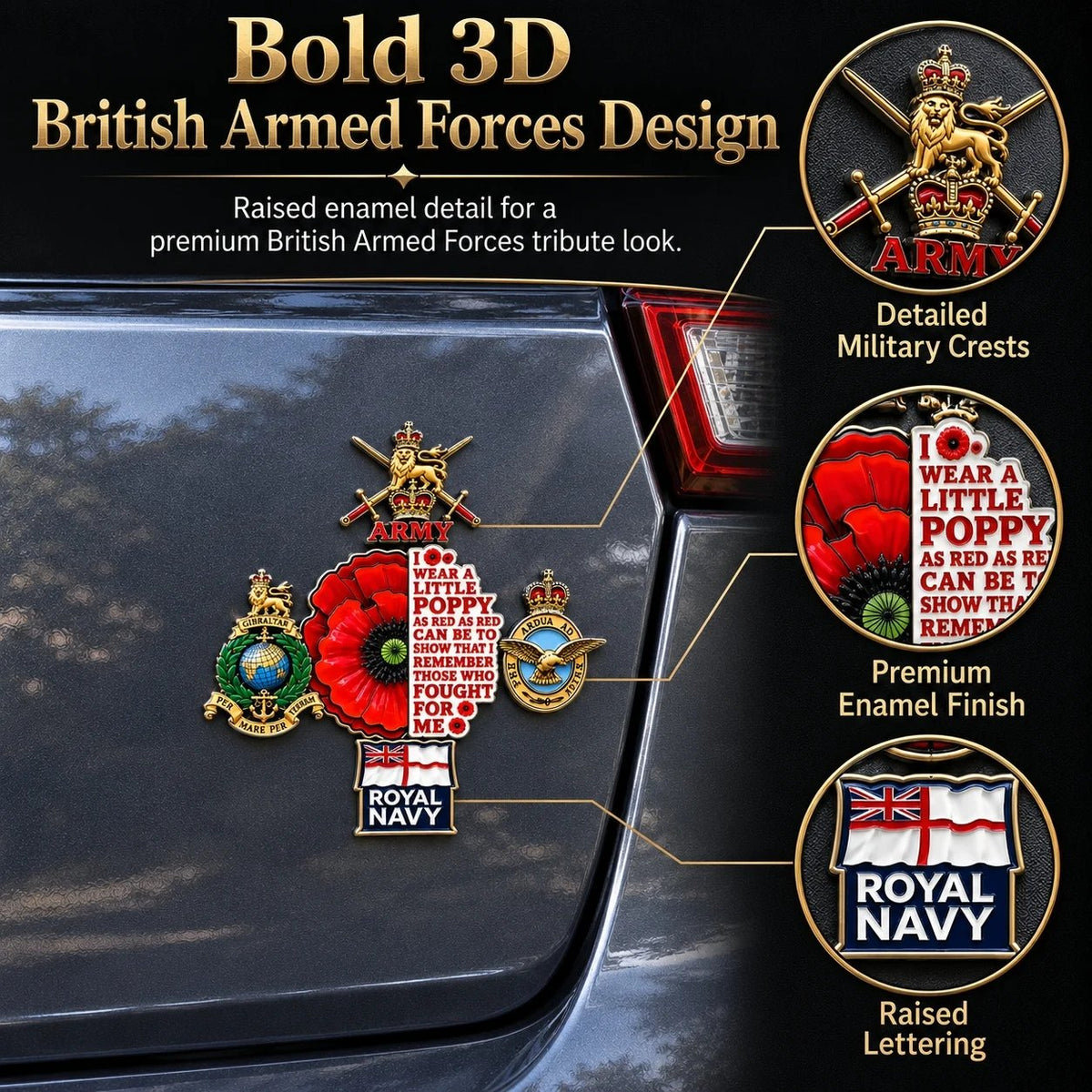 🌺 British Armed Forces “Lest We Forget” Remembrance Poppy Tribute Metal Car Emblem