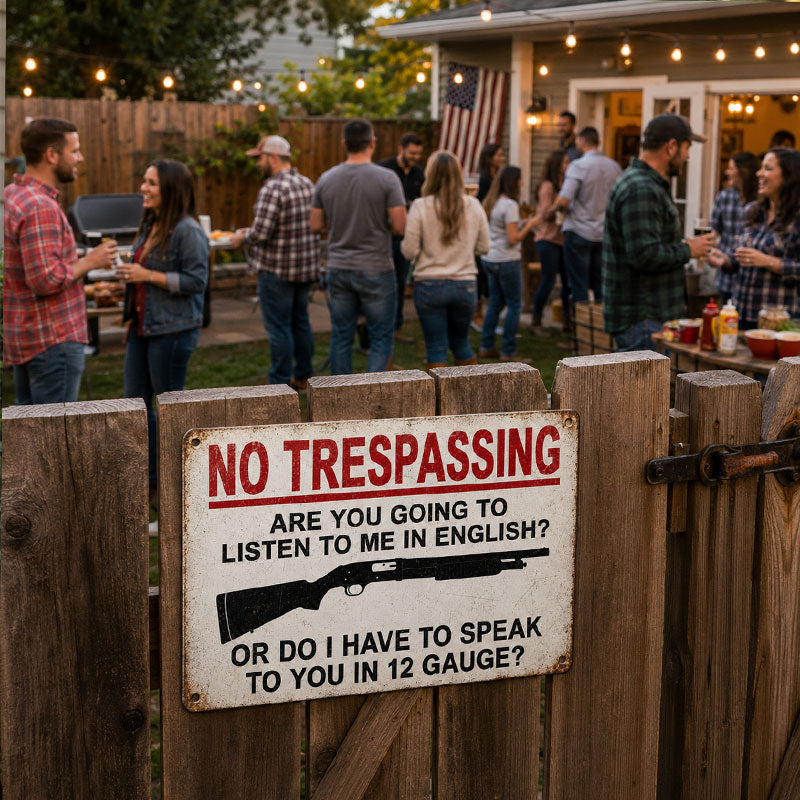 "Speak in 12 Gauge" No Trespassing Sign