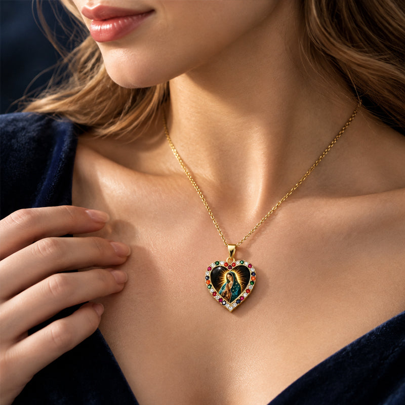 Virgin Mary Heart Necklace with Colorful Border