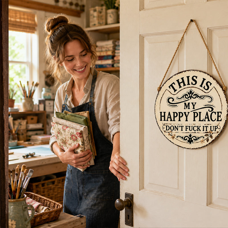 Vintage Country Style Humorous Welcome Sign | "This Is My Happy Place" metal Round Decorative Door Sign