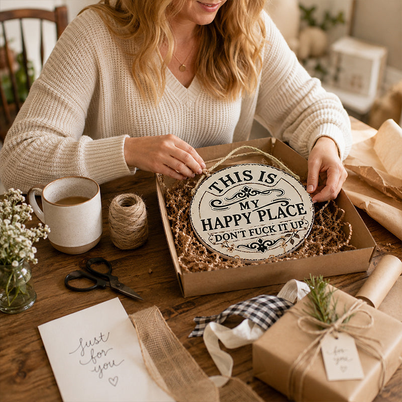 Vintage Country Style Humorous Welcome Sign | "This Is My Happy Place" metal Round Decorative Door Sign
