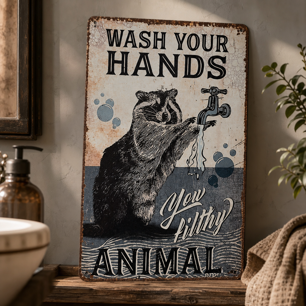 🦝 Funny Raccoon "Wash Your Hands" Metal Sign