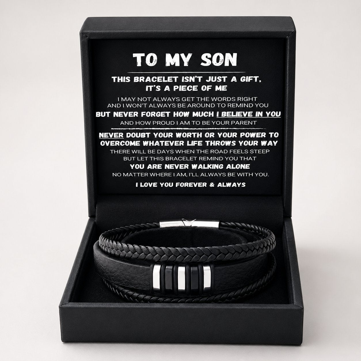 For my son — ‘Never Walk Alone’ braided bracelet set 🖤