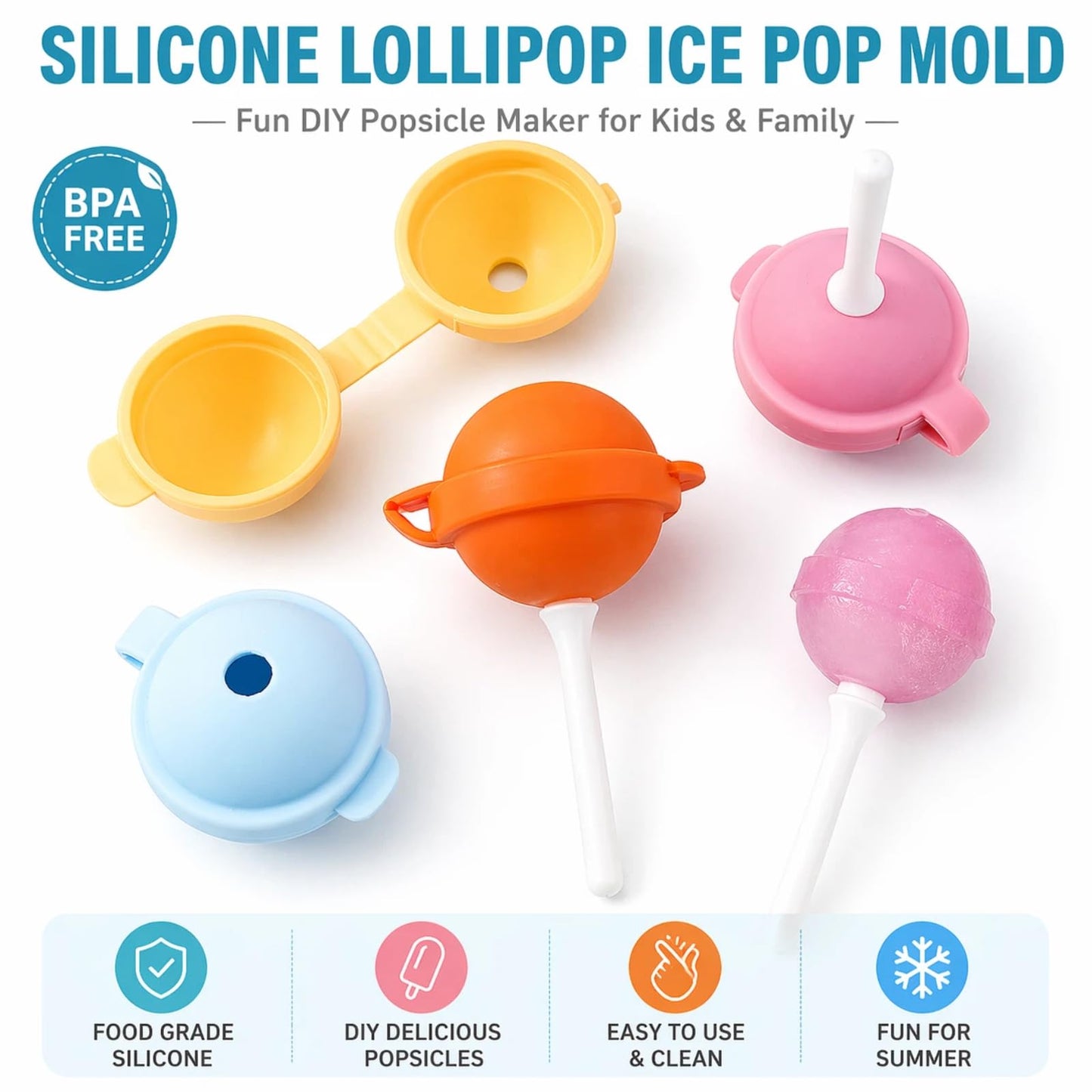 Silicone Lollipop Popsicle Molds, Reusable Ice Pop Maker for Kids DIY Juice Yogurt Frozen Treats