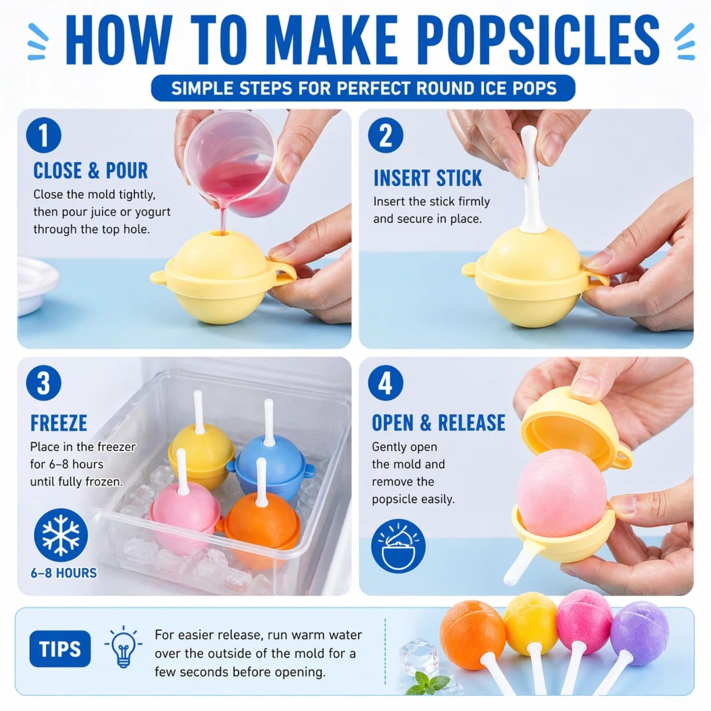 Silicone Lollipop Popsicle Molds, Reusable Ice Pop Maker for Kids DIY Juice Yogurt Frozen Treats
