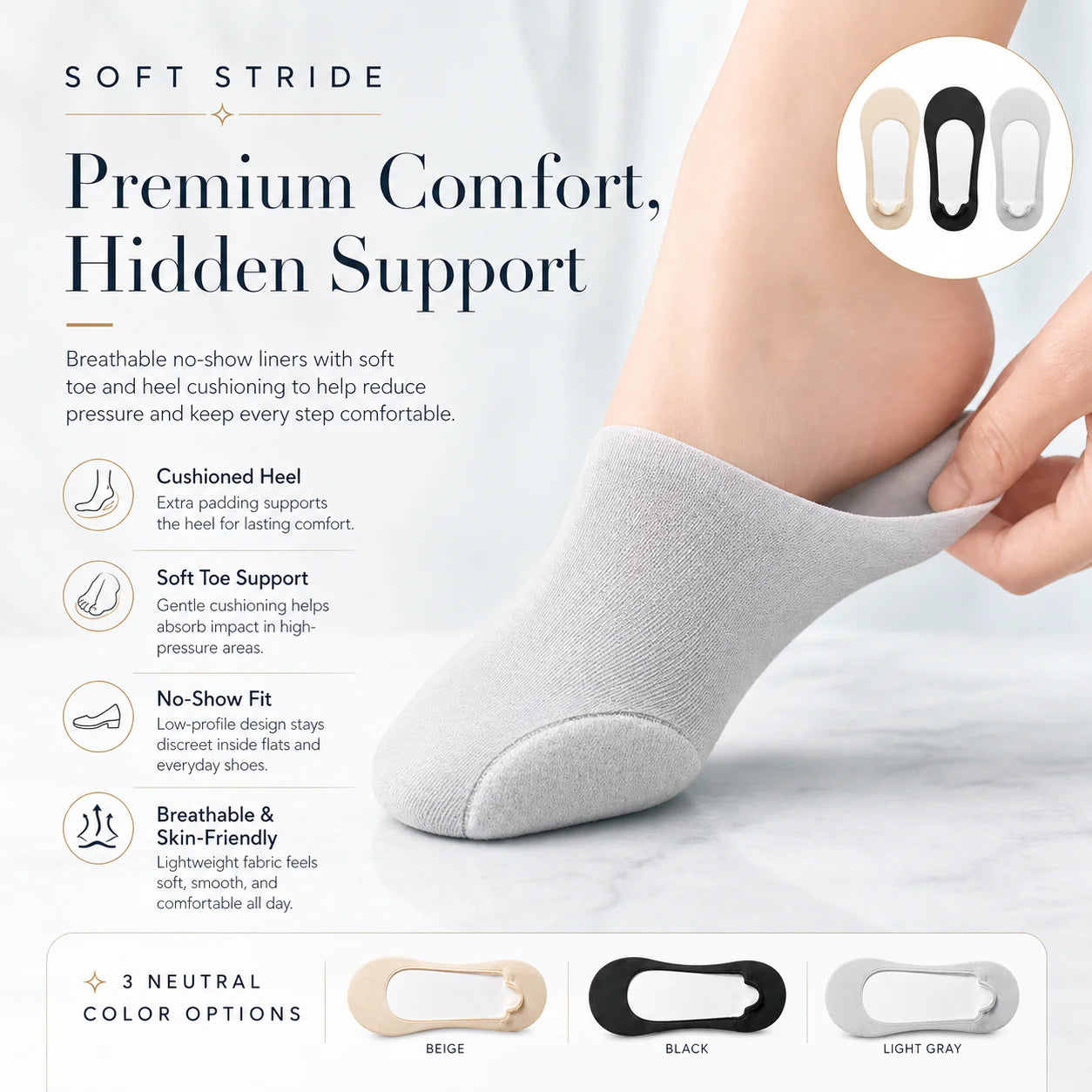 Targeted Arch & Heel Cushioning Ice Silk No-Show Socks for Plantar Fasciitis Relief