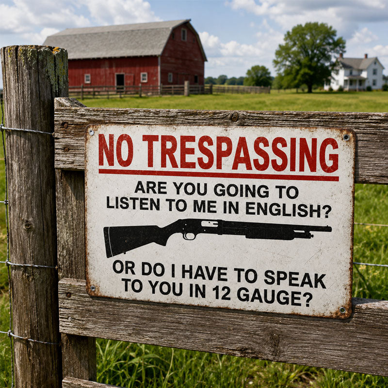 "Speak in 12 Gauge" No Trespassing Sign