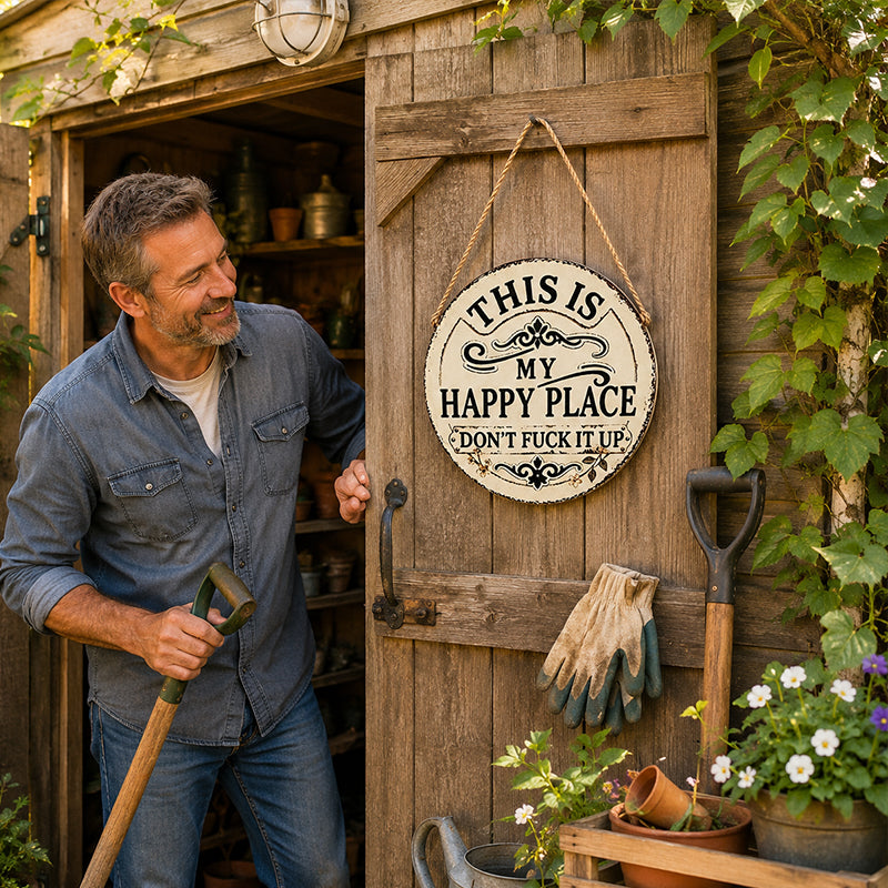 Vintage Country Style Humorous Welcome Sign | "This Is My Happy Place" metal Round Decorative Door Sign