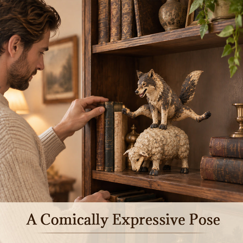 Funny Wolf Riding a Sheep Figurine
