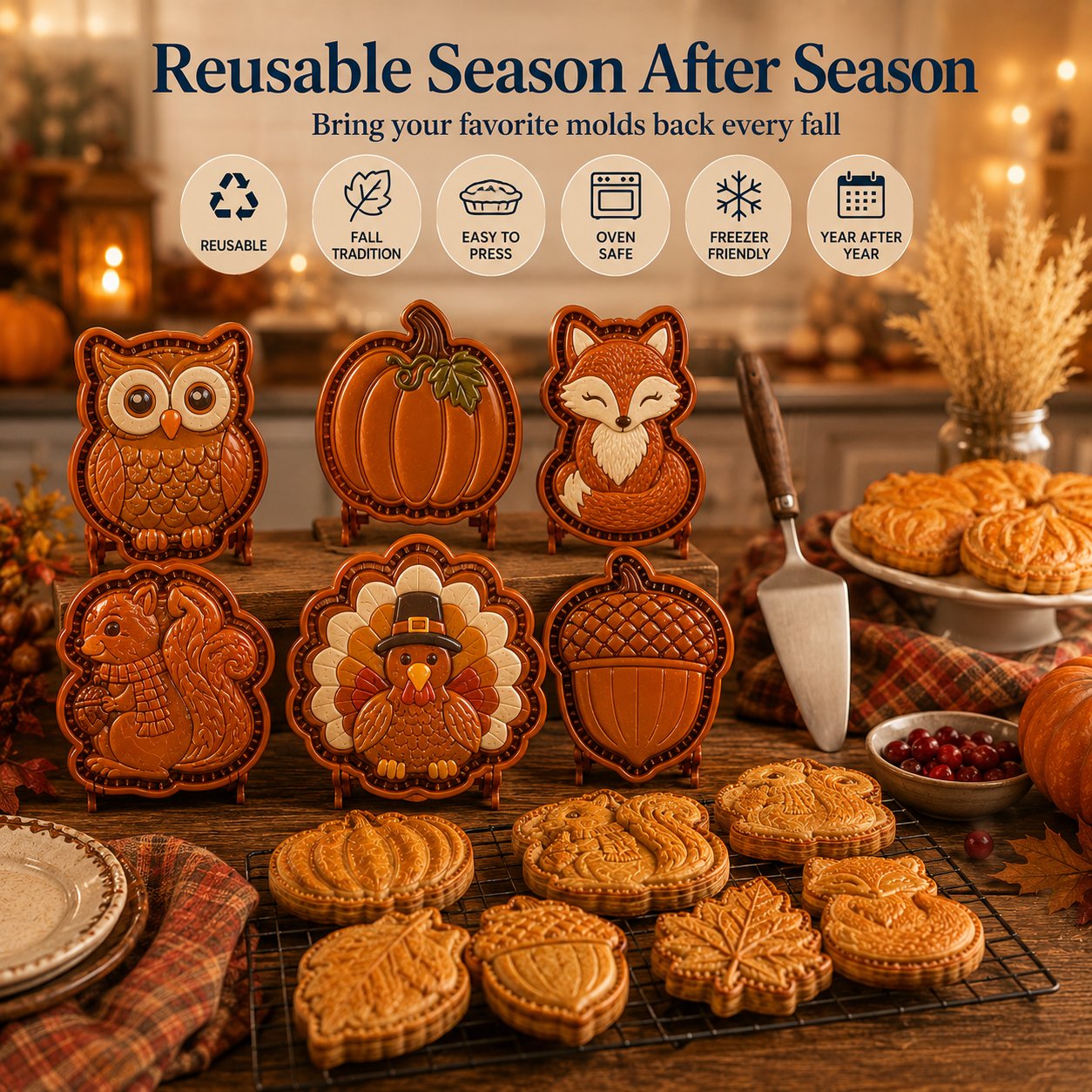 🍂 8-Design Fall Mini Pie Mold Collection | Reusable Embossed Molds for Shaping Detailed Owl, Fox, Turkey, Pumpkin, Acorn & More 🥧✨