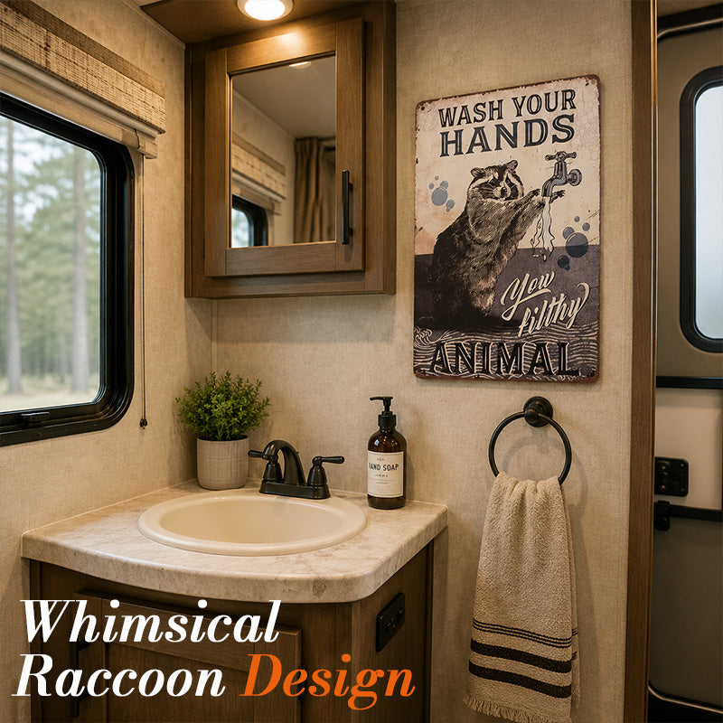 🦝 Funny Raccoon "Wash Your Hands" Metal Sign