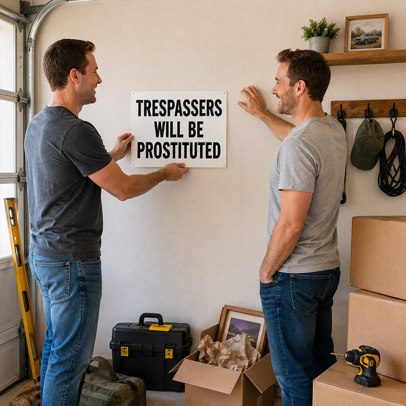 "Trespassers Will Be Prostituted" Funny Metal Sign