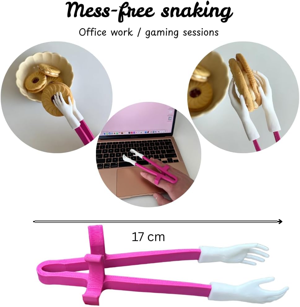 Snack Chopsticks for Clean Hands – No-Mess Finger Tongs for Gaming, Office and more pink and white