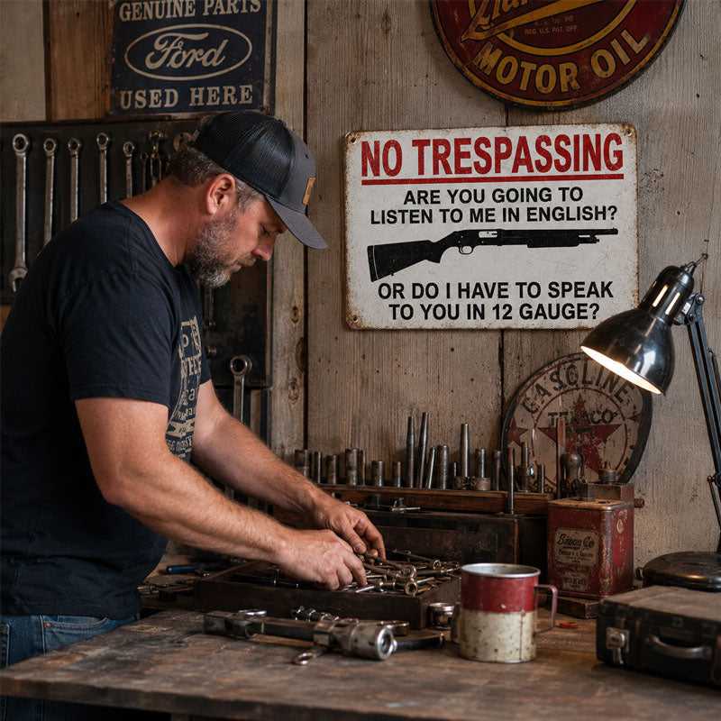 "Speak in 12 Gauge" No Trespassing Sign