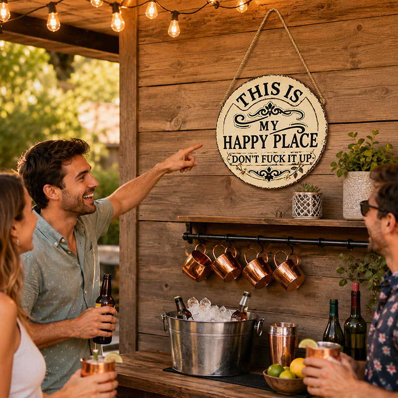 Vintage Country Style Humorous Welcome Sign | "This Is My Happy Place" metal Round Decorative Door Sign