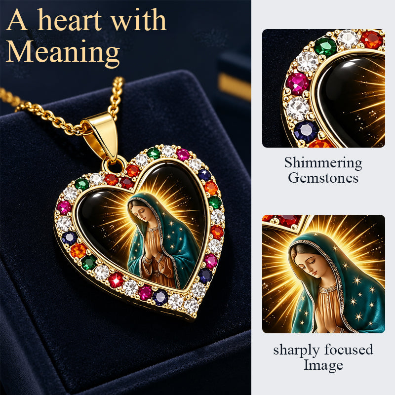 Virgin Mary Heart Necklace with Colorful Border