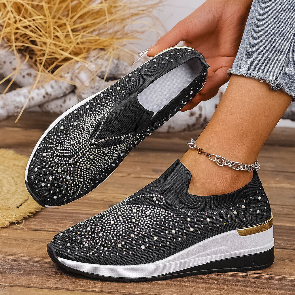 Women's slip-on sneakers with rhinestones and butterfly motif