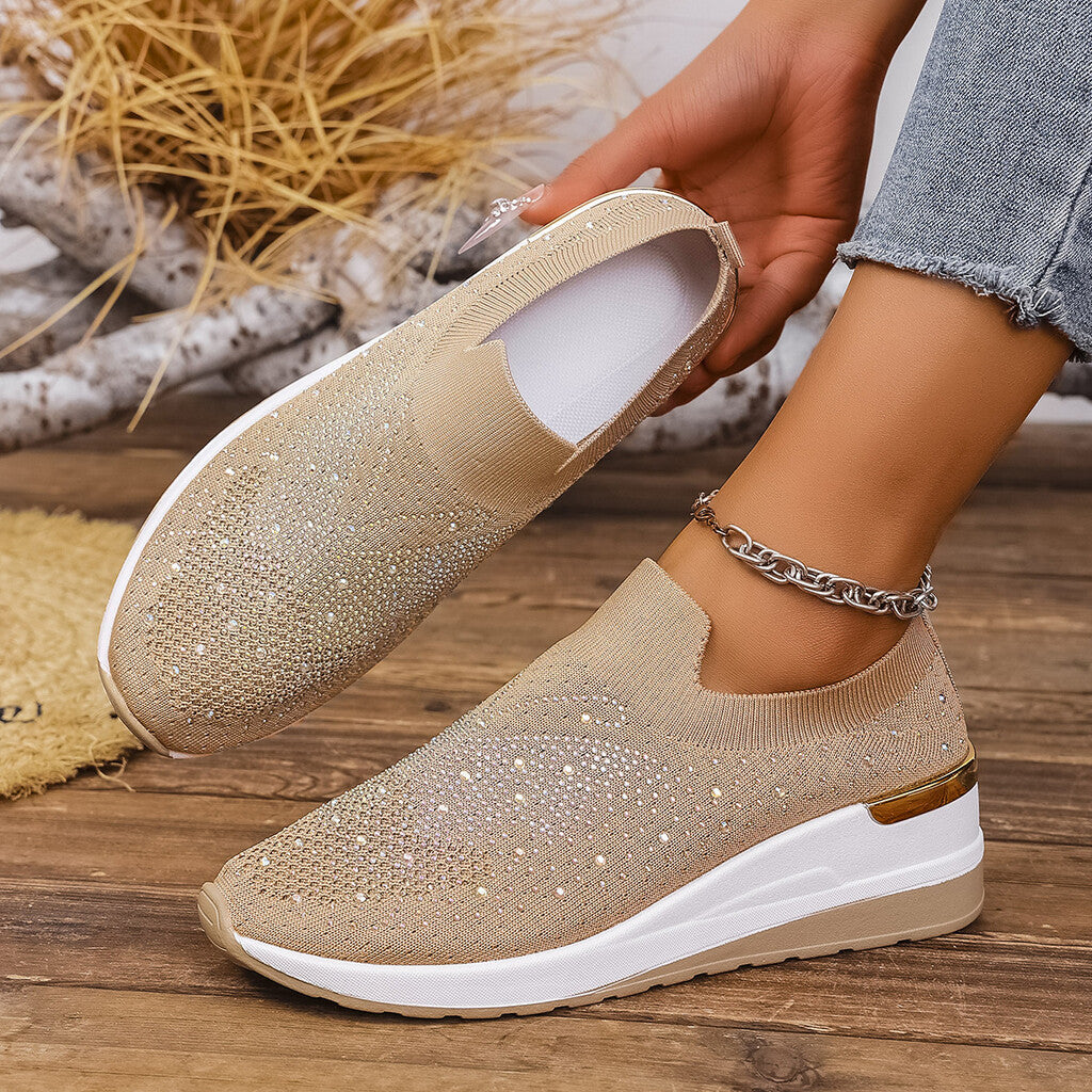 Women's slip-on sneakers with rhinestones and butterfly motif