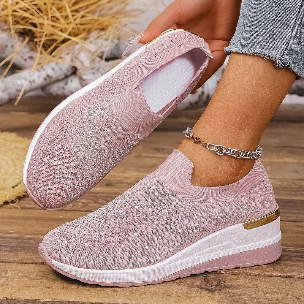 Women's slip-on sneakers with rhinestones and butterfly motif