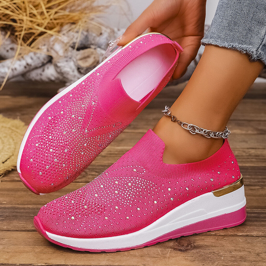 Women's slip-on sneakers with rhinestones and butterfly motif
