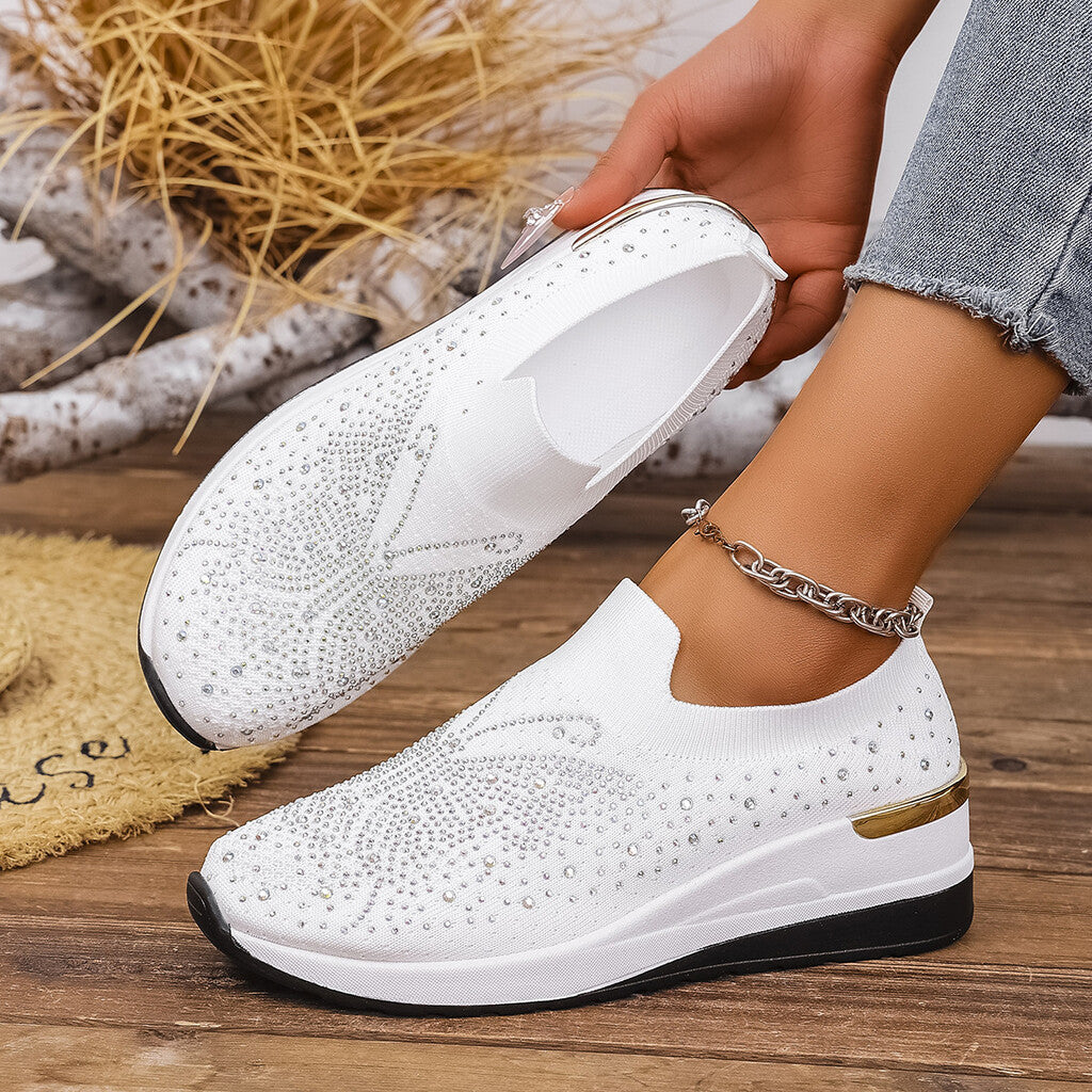 Women's slip-on sneakers with rhinestones and butterfly motif