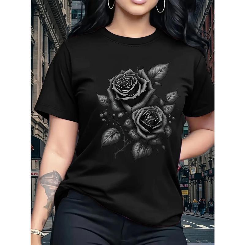 👕😍Elegant women's t-shirt with graphic rose print 🌹
